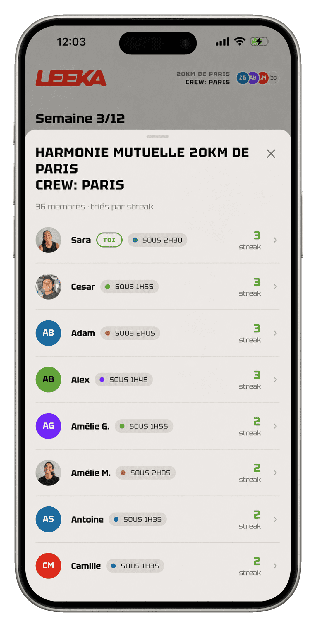 Liste des membres du crew « 20 km de Paris » à Paris, chaque coureur avec son temps visé et sa série de séances.